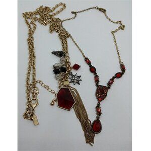 CURATED bundle gold tone faux ruby red necklaces statement layered Y drop, long.